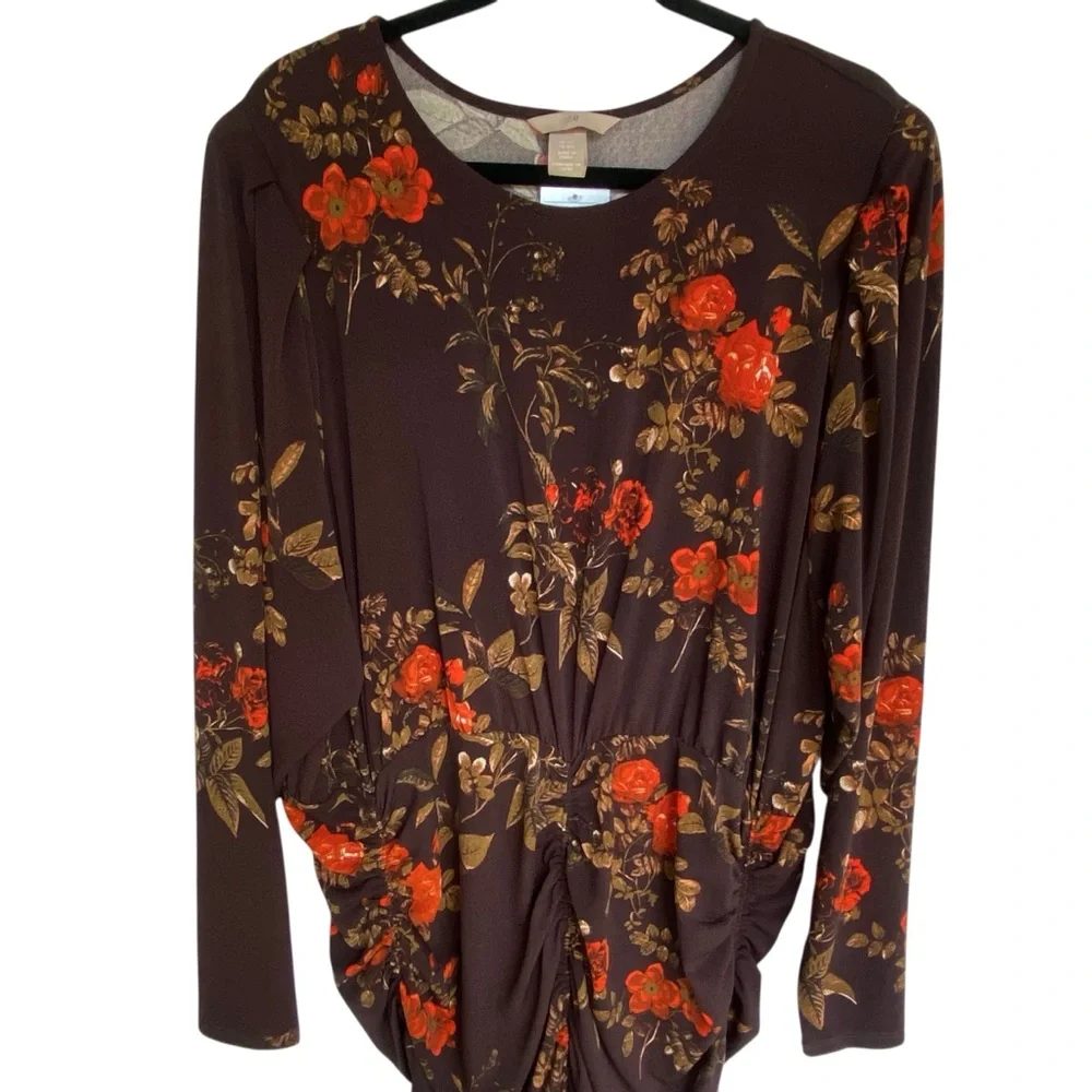 H&M Womens Long Sleeve Brown Red Floral Dress Size 3XL NWT Ruching Bodycon - Picture 4 of 13